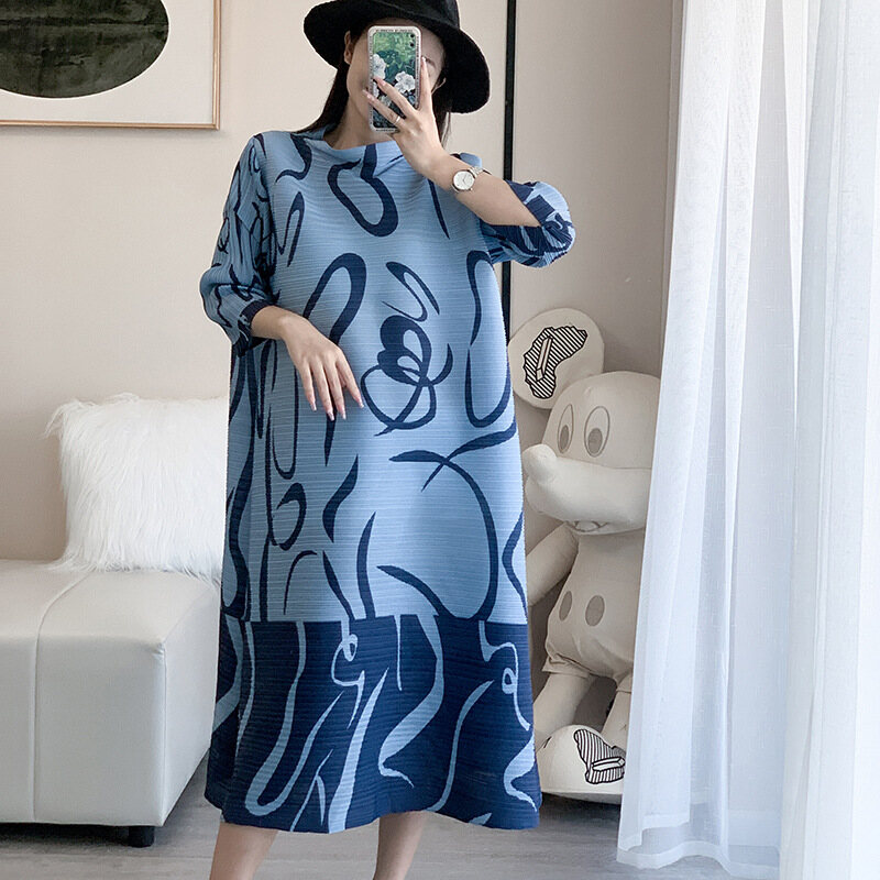 Pleated Women's French Fashion Printed Dress Women's Loose Slimming Belly-Covered Long Dress 91145
