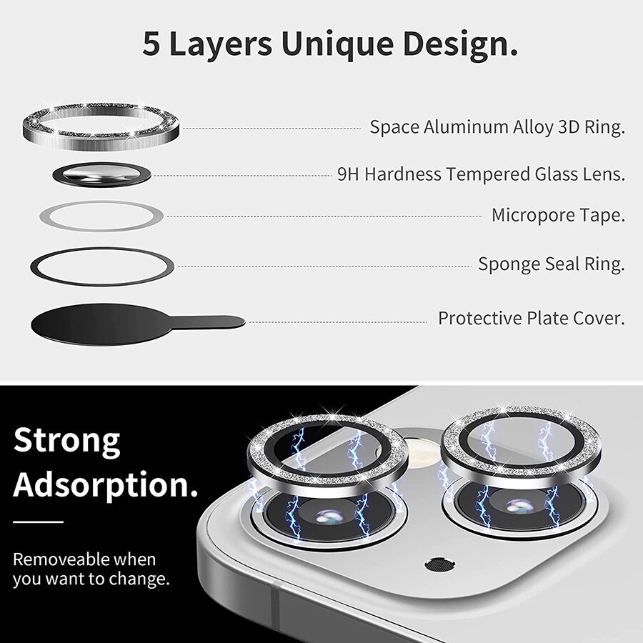 Tấm Bảo Vệ Ống Kính Máy Ảnh Lấp Lánh Kim Cương Cho Iphone 13 12 11 Mini Pro Max Tấm Phim Bảo Vệ Ống Kính Máy Ảnh Vòng Kim Loại Kính Cường Lực