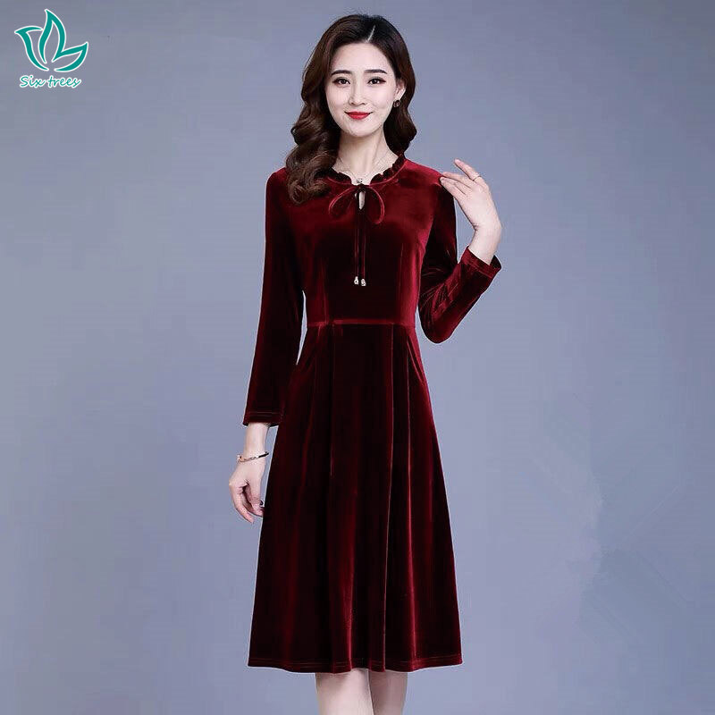 K&wm đầm stf cho nữ, bao eo mỏng tay dài bằng nhung màu vàng khí chất cỡ lớn chân váy cơ bản bụng