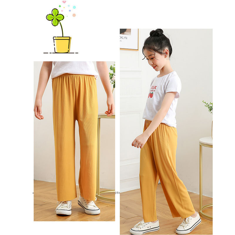 1-12 Years Kid's Solid Color Korean Straight Leg Pants Girls Casual Loose Comfortable Wide-Leg Home Wear ice Silk Cool Thin Candy-Colored Stretch Pants