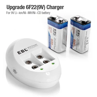 EBL 9V 600mAh Li-ion Rechargeable Batteries (2PC) and USB Smart 9V Battery Charger For 9V Li-ion/Ni-MH/Ni-CD Battery