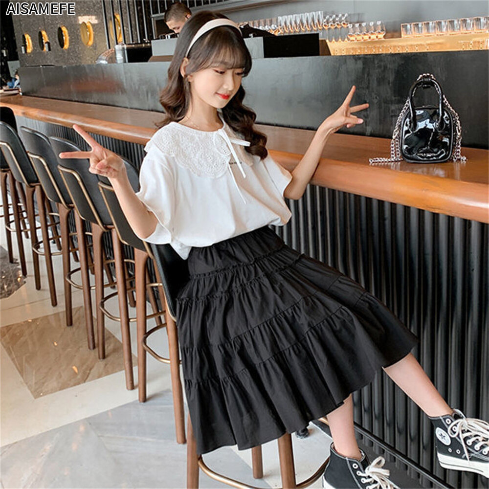 AISAMEFE Gentle Teen Girls Skirt Suits White Doll Collar+Black Cake Skirt Sets Fairy Korean Style Princess Dress Cotton Kids Clothes Girls 2PCS