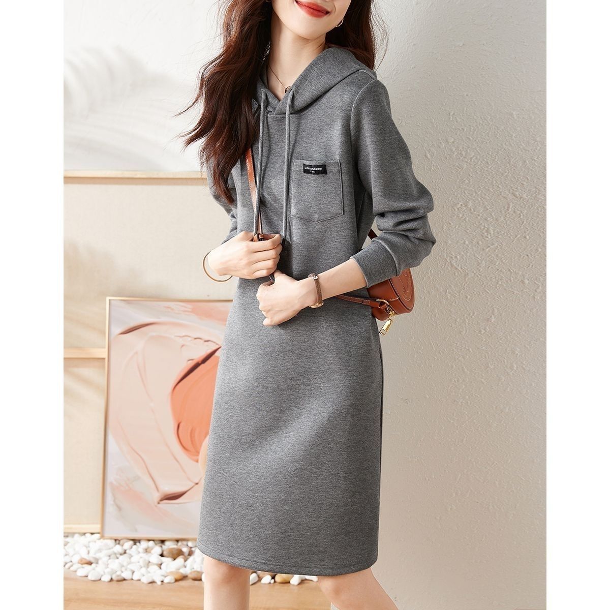 Pure Cotton Autumn New Grey Hooded Sweater Dress Simple Fashion Casual  High-quality Hooded Knee Length Sleeve A-line Dress for Women | Lazada  Singapore