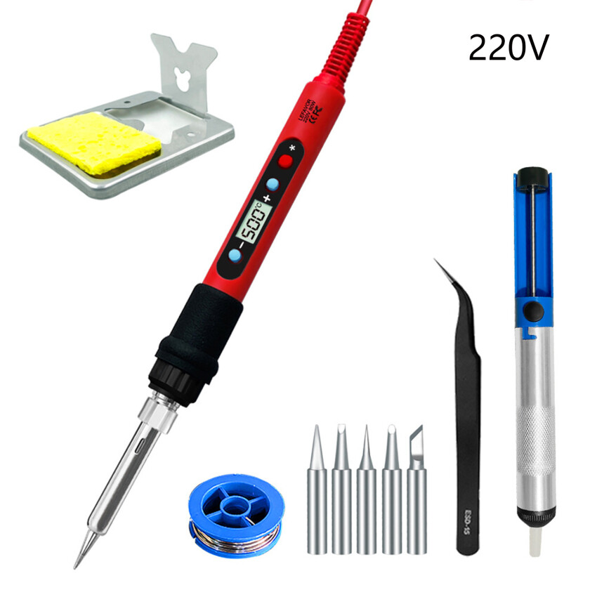 80W Soldering Iron Kit Adjustable Temperature LCD Solder Welding Tools Ceramic Heater Soldering Tips Tweezers Soldering Wire