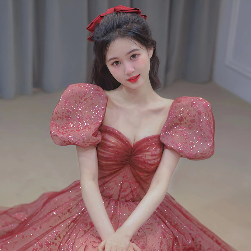 Airuchu Escaping Princess Toast Dress Bridal Wedding Engagement Bubble Sleeve Evening Dress Princess Temperament Girl
