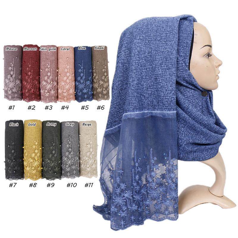 Wanita Bordir Bunga Renda Patchwork Kapas Jilbab Syal Muslim Sorban Pesta Pernikahan Jilbab Selendang Panjang Pashmina 200X80 Cm WJ350