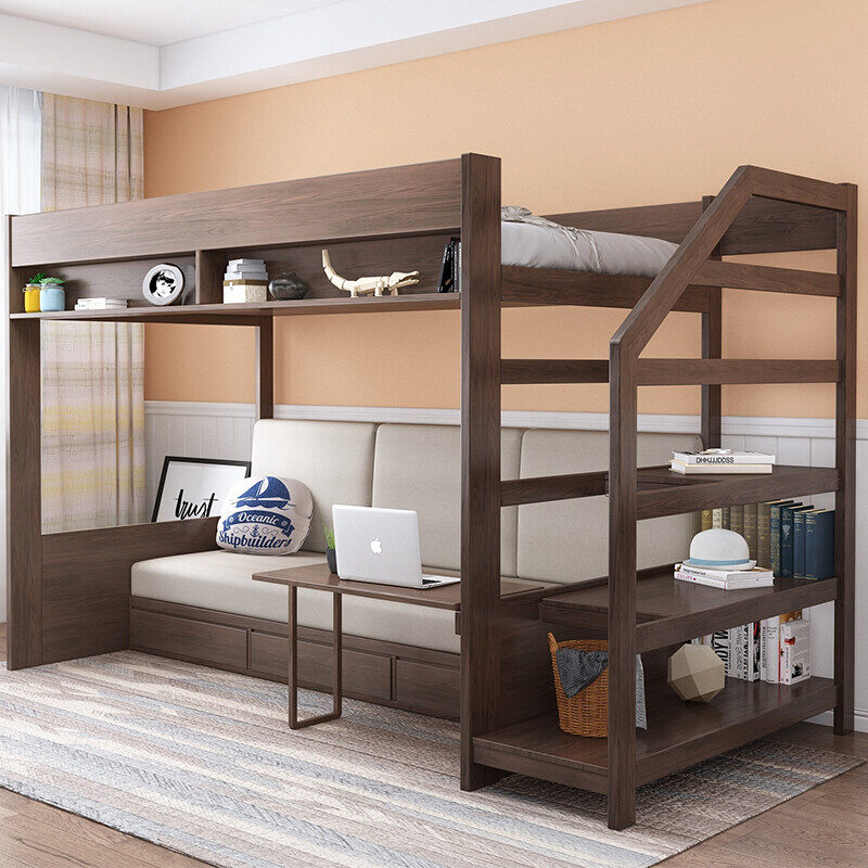 Wooden Bunk Double Loft Bed With Futon Bedroom Dormitory Modern