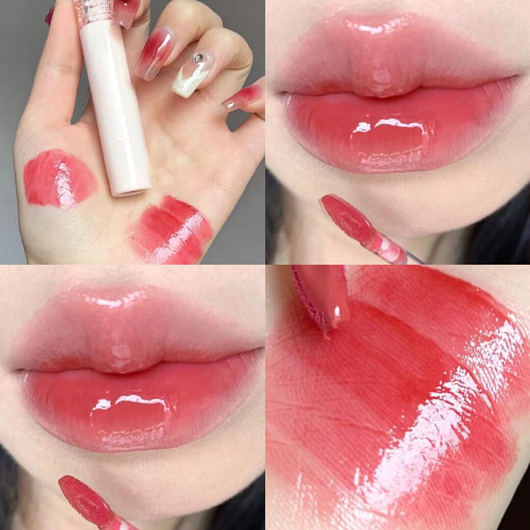 WOOLOVE Kapovini Mirror Water Lip Gloss Cherry Pink Lip Glaze Transparent Glass Lip Oil Waterproof Liquid Lipstick Nude Brown Clear Tint Makeup