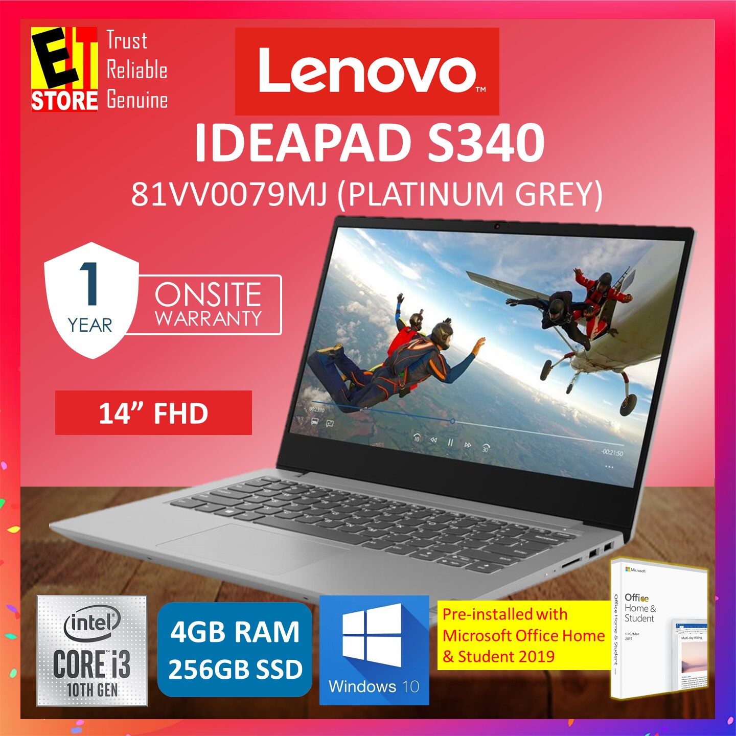 LENOVO IDEAPAD S340-14IIL 81VV0079MJ LAPTOP (PLATINUM GREY) (I3-1005G1/4GB/256GB SSD/14 FHD/INTEL/W10/1YR) PREINSTALLED MICROSOFT OFFICE HOME & STUDENT + BAG Malaysia