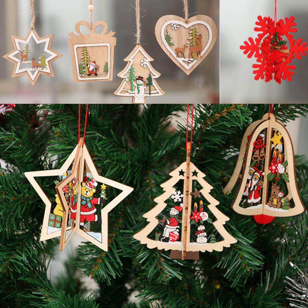 Wooden Hanging Snowflake/Santa/Star Multi Type Pendant  3D Xmas Tree Ornaments