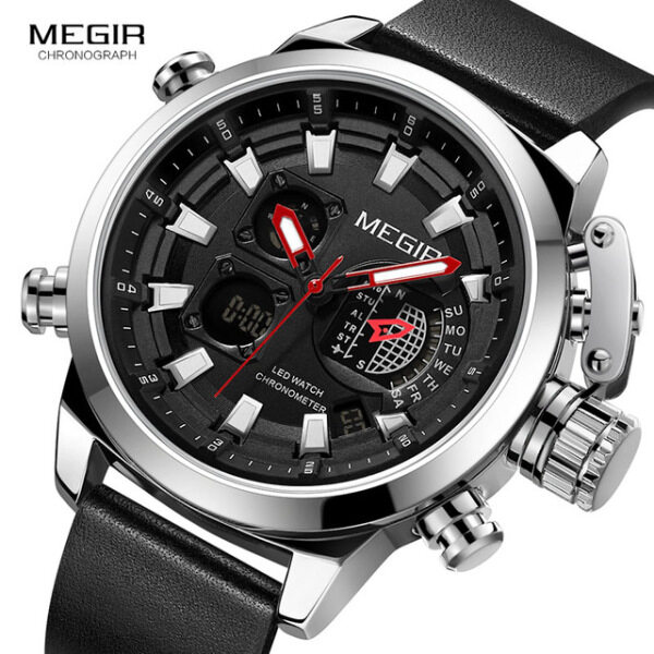 MEGIR đồng hồ mới nam cao cấp thương hiệu analog thể thao kỹ thuật số Đồng hồ nam dây da quân đội quân sự chống nước 2019 nam đồng hồ. Nam Tặng