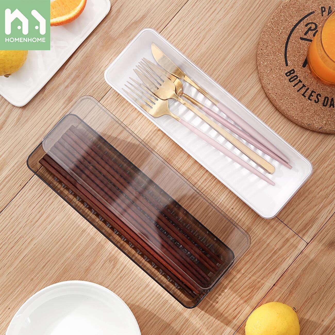 Homenhome Hộp Đũa Hình Chữ Nhật Chất Liệu AS Có Nắp, Giá Để Muỗng, Hộp Đựng Đồ Ăn Phẳng Chống Bụi Nhà Bếp