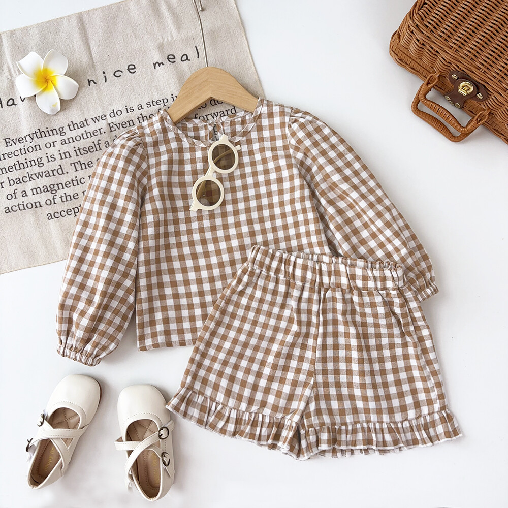 Bear Leader 2024 New Plaid Clothing Sets for Kids Girls Fall Spring Long Sleeves O-neck Tops and Brown Shorts 2 Pieces Suits Outfits 3-7 Years Baby Children's Fashion Clothes