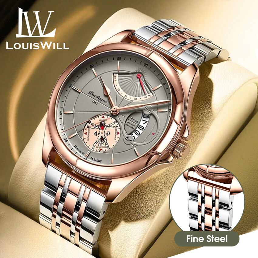 LouisWill Men’s Watch Genuine Leather Strap Watch Fashion Waterproof Watch Wrist Watch Luminous Pointer Function Watches Calendar Window Design 5 AMT Waterproof Watch For Men