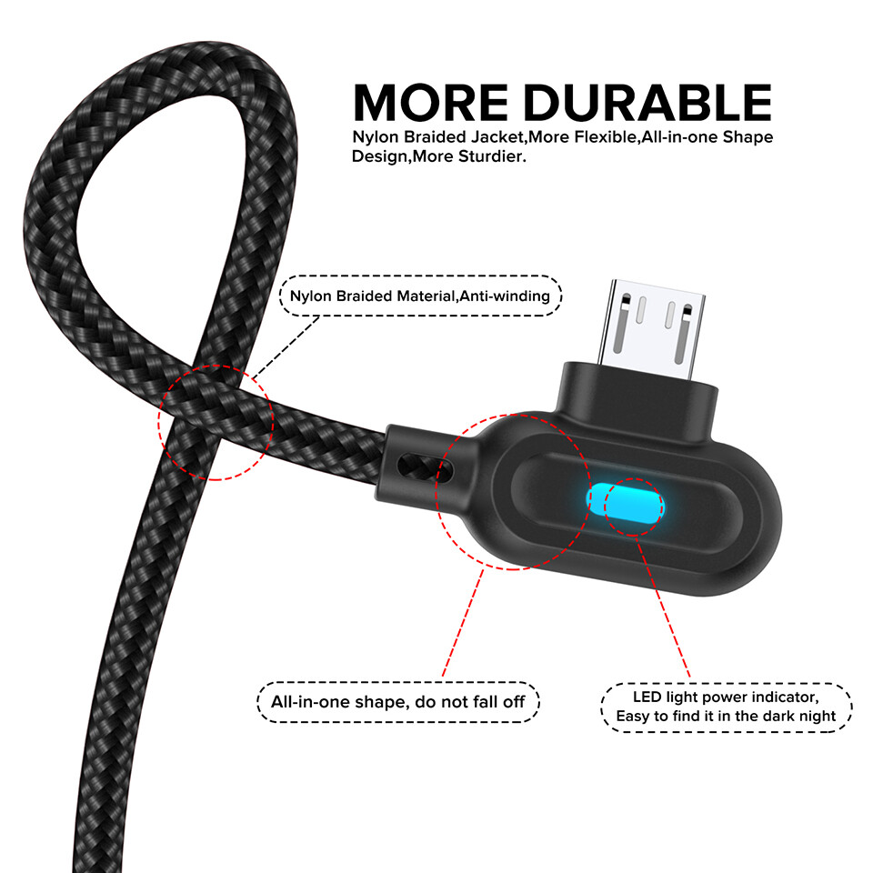 Elough Cáp Micro USB Loại C 90 Độ Sạc Nhanh Type-C, Bộ Sạc USB-C Micro Cho Samsung Xiaomi Huawei LG Android