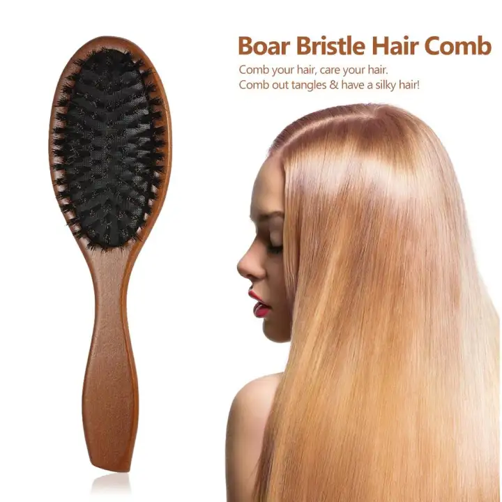 Natural Boar Bristle Hair Brush Comb Oval Anti Static Paddle Hair