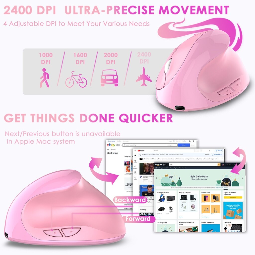 Jelly Comb Chuột Đứng Chuột Không Dây Chuột Không Dây Công Thái Học Màu Hồng Có Thể Sạc Lại 2.4G Chuột Không Dây Cho PC/Máy Tính Xách Tay/Windows/Io S