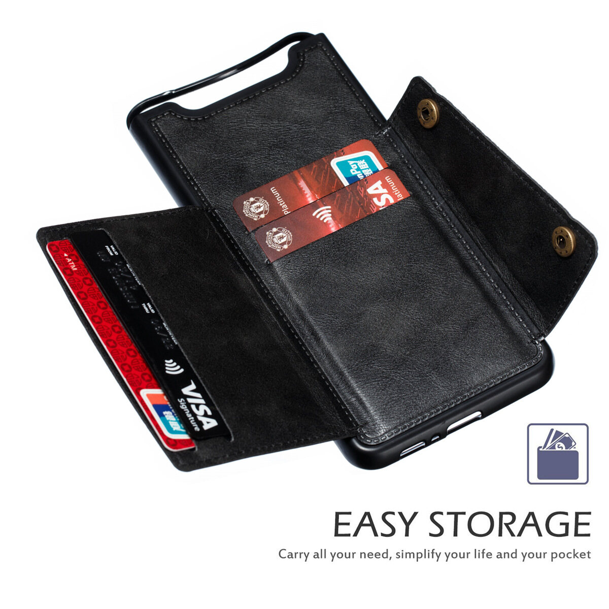 Cho Samsung A80 A90 da trường hợp nhiều Folio lật Bìa Wallet trở lại trường hợp vỏ, có thể làm việc với gắn trên xe hơi, ẩn thẻ tín dụng ID khe giữ, retro nút kim loại clasp, đứng hỗ trợ
