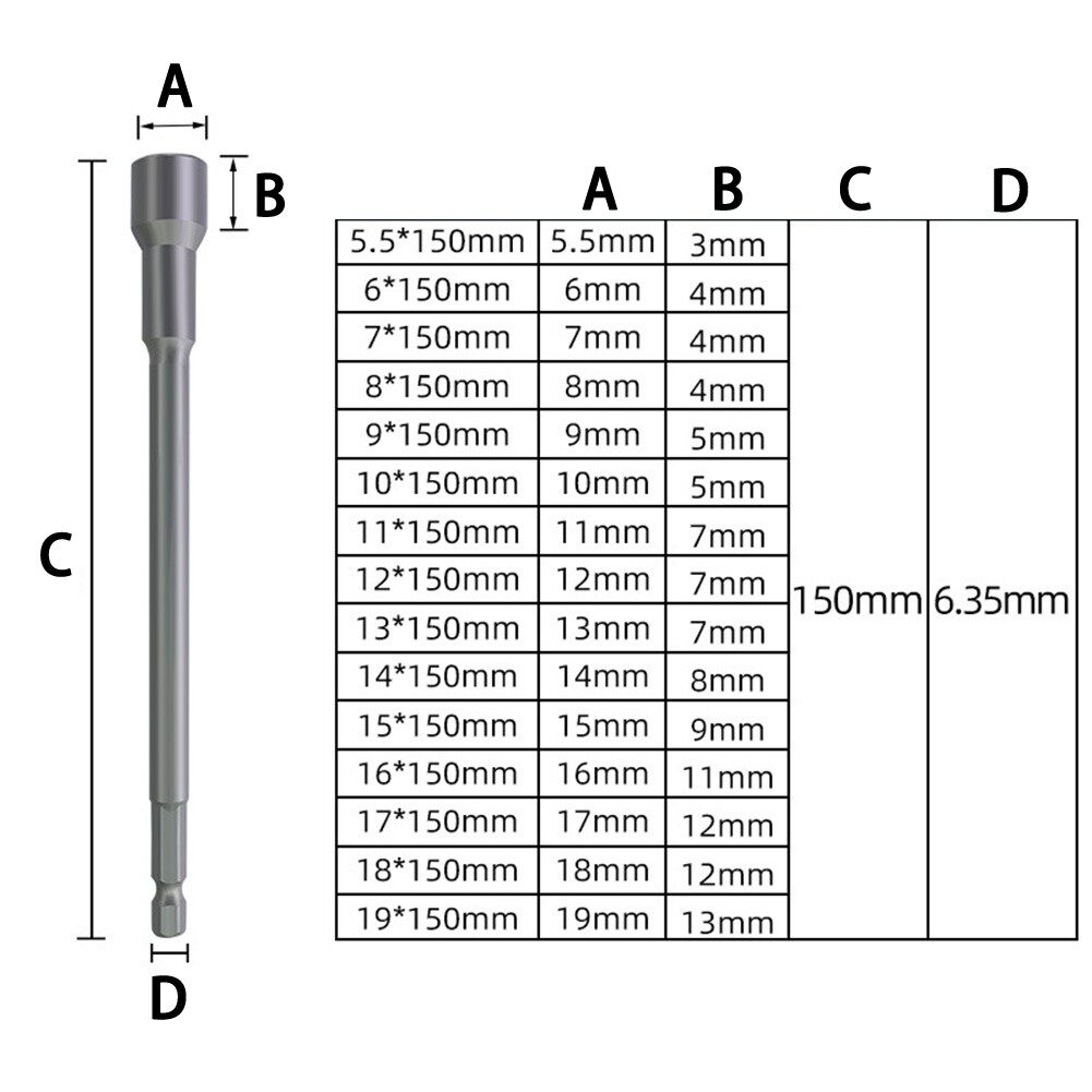 (fast Shipping)150mm Long 6mm-19mm Hexagon Nut Driver Drill Bit Socket Wrench Extension Sleeve(With High Quality)