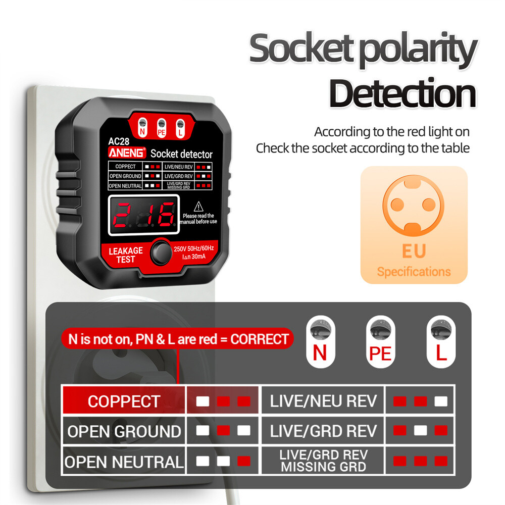 Outlet Tester điện receptacle Detector với màn hình LCD 3 prong 250V AC điện áp ổ cắm Checker cho nhà