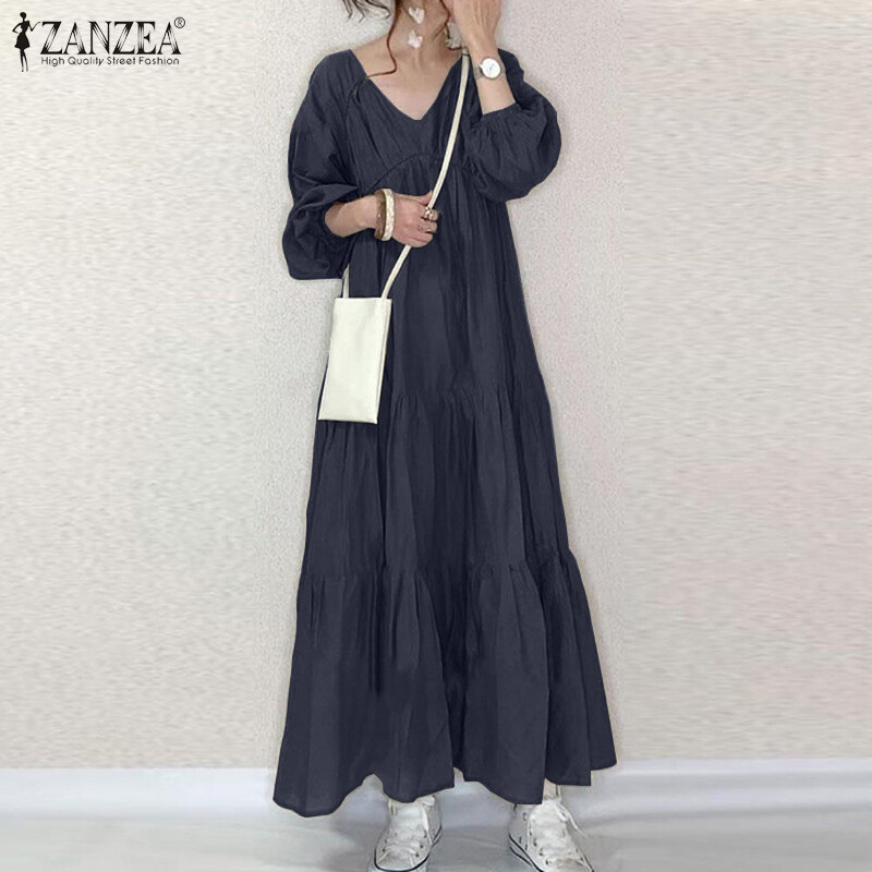 Nơi bán ZANZEA Đầm Maxi Dài Kaftan Abaya Xếp Tầng Tay Phồng Cổ Chữ V Cho Nữ