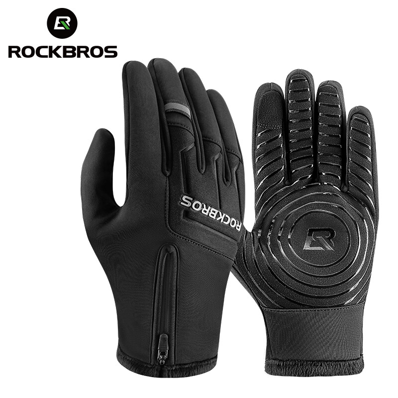 ROCKBROS Winter Thermal Fleece Warm Cycling Gloves Touchscreen Full Finger Bicycle Gloves With Zipper Design Silicone Non-slip Wear-resistant Mountain Bike Gloves For Men Women