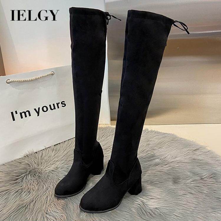 IELGY women's korean style suede comfortable black high heel boots