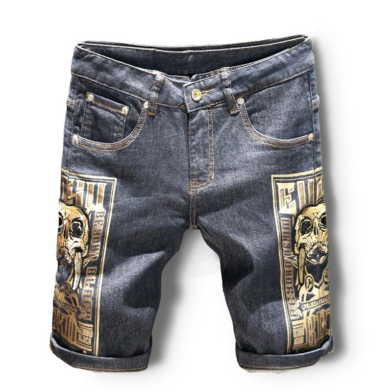 Men's embroidered denim shorts men's summer thin printed five-point pants loose shorts