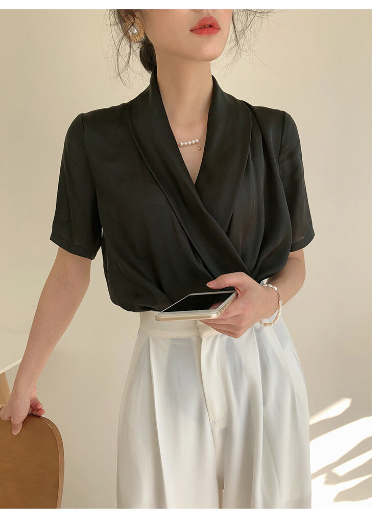 Alisa Sonya Women Satin Blouse French Style Silky Shirt Elegant Short Sleeve V-neck Blouse Tops