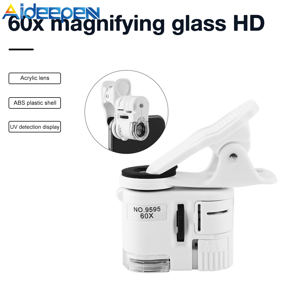 Aideepen Mobile Phone Microscope 60X Zoom LED Clip Loupe Microscope with UV Currency Detector Jewelry & Antique Evaluating Crafting and Repairing Magnifier for Universal Mobile Phones