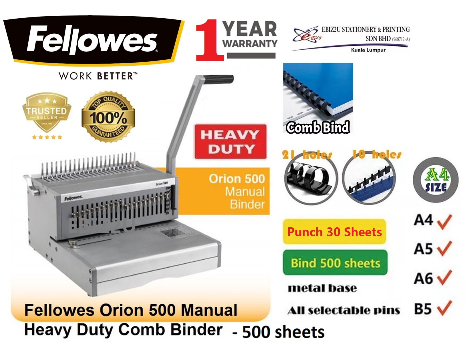 Fellowes Orion 500 Manual Heavy Duty Comb Binder Punch 30 sheets