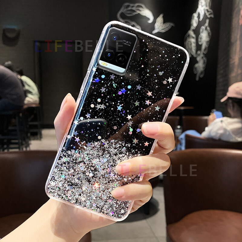 LIFEBELLE Ốp Lưng Cho Vivo Y33t Ốp Lưng Điện Thoại Lấp Lánh Lá Sao Lấp Lánh Thời Trang Sang Trọng Cho Nữ Ốp Lưng Điện Thoại Di Động Lấp Lánh Chống Va Đập Silicon TPU Mềm Trong Suốt Ốp Lưng Bảo Vệ Cho Nữ