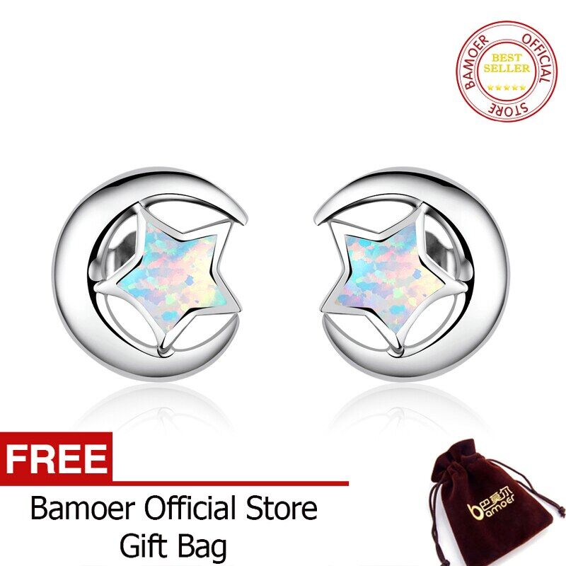 BAMOER Genuine 925 Sterling Silver Moon and Star 2 Colors Opal Stud Earrings for Women Wedding Fashion Jewelry SCE816