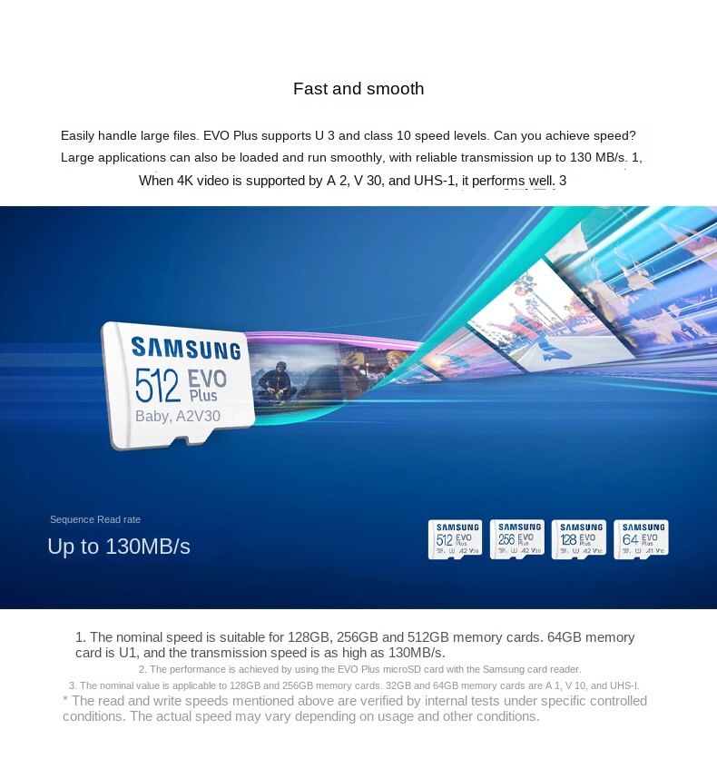 Samsung SD card memory card flash memory card Micro TF card mobile phone/tablet memory card memory card 4GB 8GB 16GB 32GB 64GB SD card 128GB 256GB 512GB white EVO A2 V30 high-speed memory card Class 10