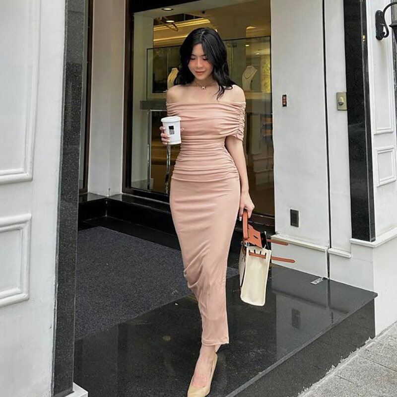 Đầm ôm sát maxi nữ xẻ xếp ly hở vai thanh lịch