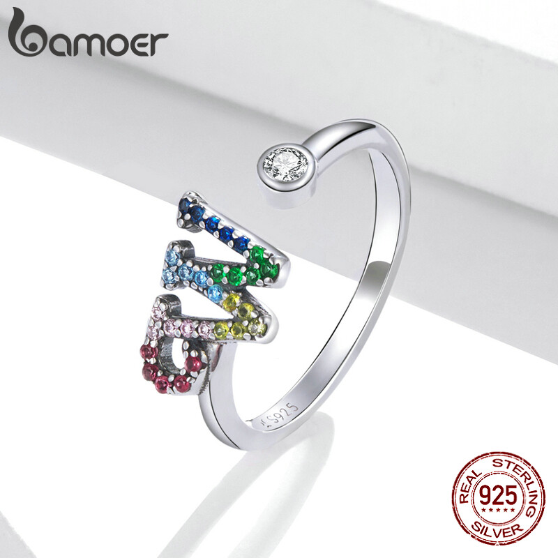 BAMOER 925 Sterling Silver Stackable Initial Letter Rings for Women Capital Letter Adjustable Ring Size 6-8 Jewelry SCR723