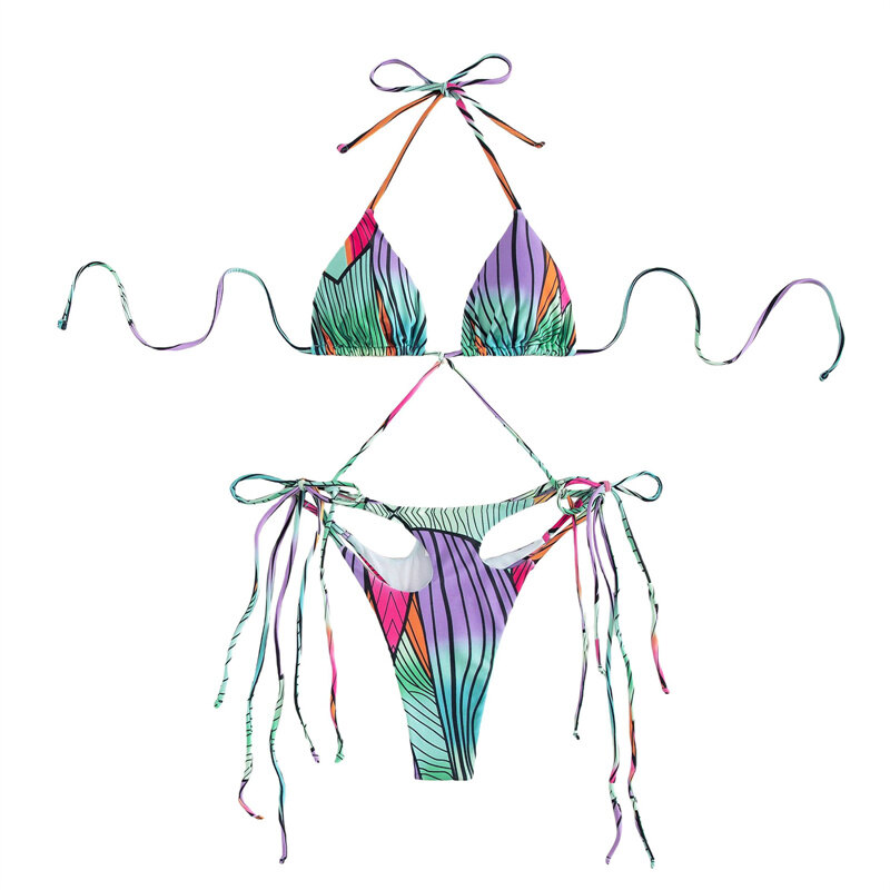 Women’s Solid Color 2Pcs Bikini Suit, Low Neck Front Hollowed Bandage Halter Tops with Triangle Bottoms