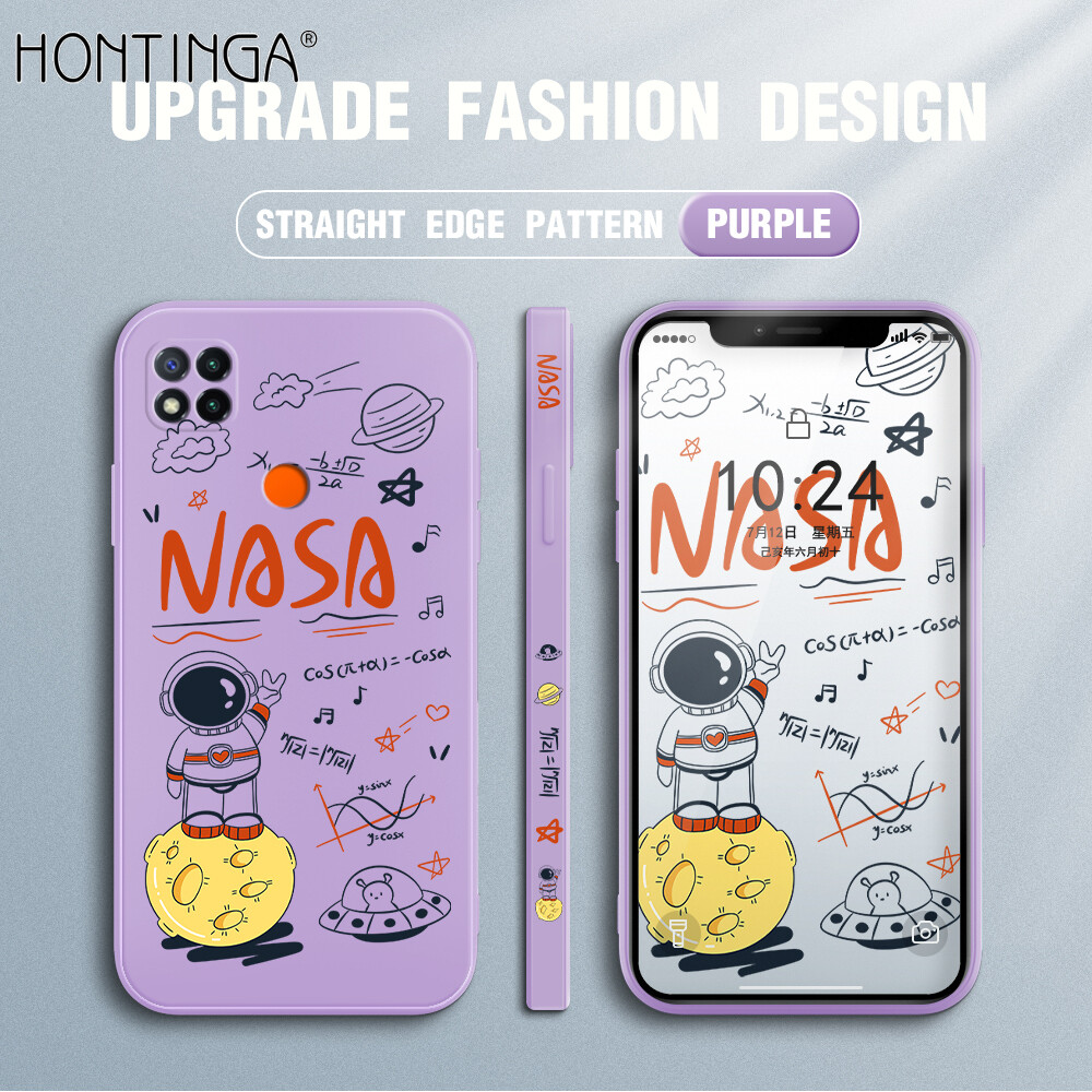 Hontinga Casing Case For Xiaomi Redmi 9C Case Cartoon Graffiti NASA Astronaut Moon Design Case Square Original Liquid Soft Silicone Edge Pattern Case Full Cover Camera Protection Cases Back Phone Casing Softcase For Boys