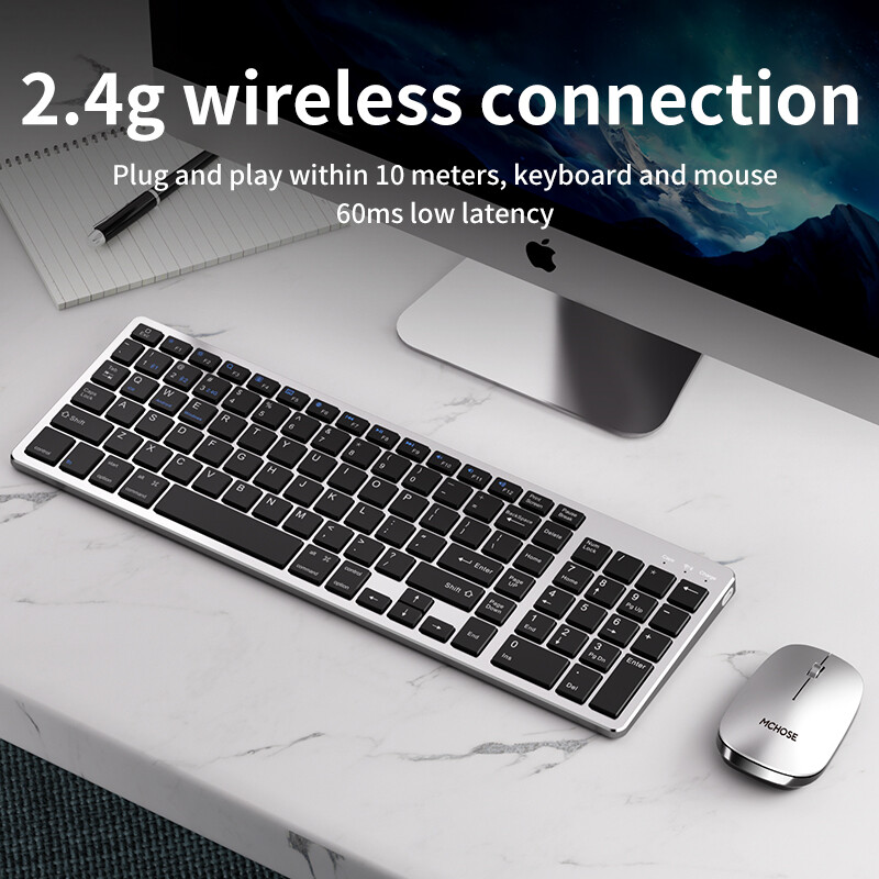 MC KM711 2.4G Wireless Bluetooth Keyboard Mouse Set Slim Keyboard Silent Mute Rechargeable Mouse Suit for Mac Desktop PC IPad Phone Laptop Tablet Gaming Business Office