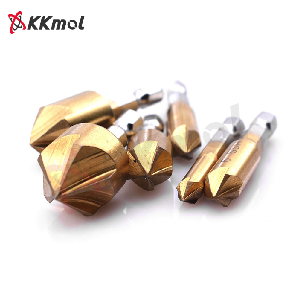 KKmol 6pcs Countersink Drill Bit Set 1/4'' Hex Shank HSS 5 Flute Countersink 90 Degree Wood Chamfering Cutter Chamfer 6mm-19mm