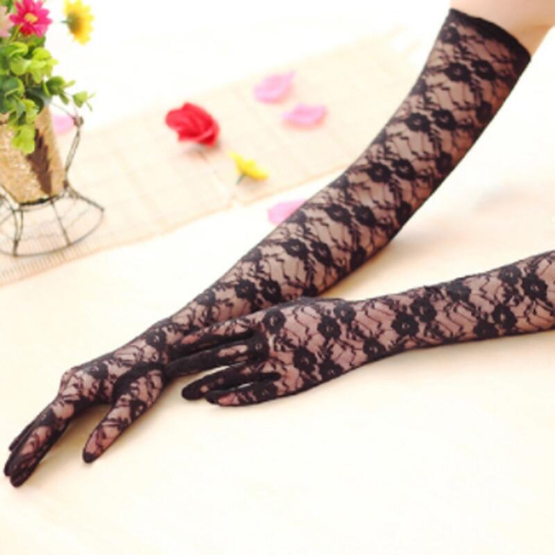 Women lace long gloves driving sun gloves black white red lace floral