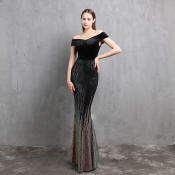 Elegant Velour Mermaid Evening Dress with Sequins - Women’s Gown