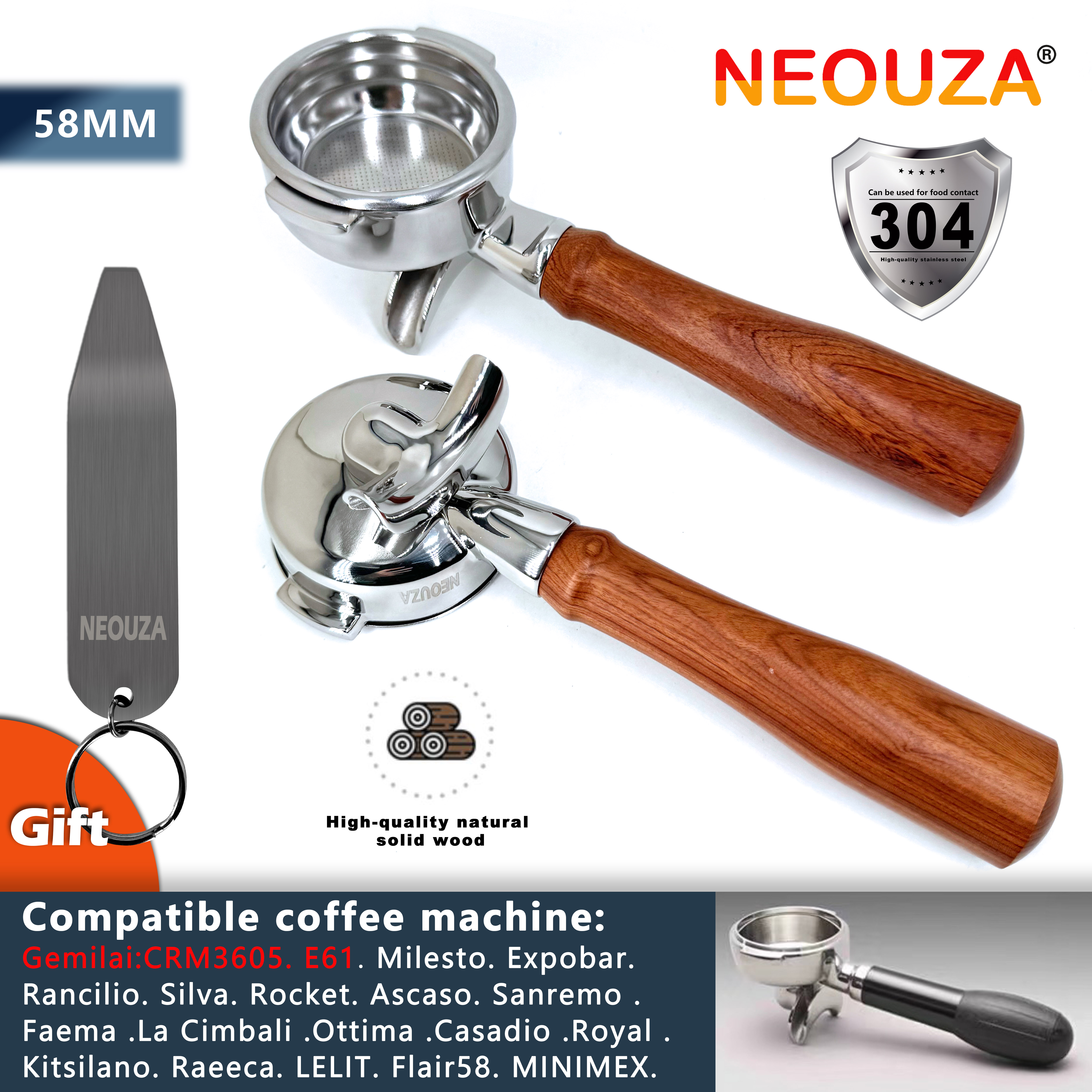 NEOUZA 58mm Non-Pressurized Espresso Portafilter for Coffee Machines Using  the E61 Brew Group, double spouts, free filter basket removal