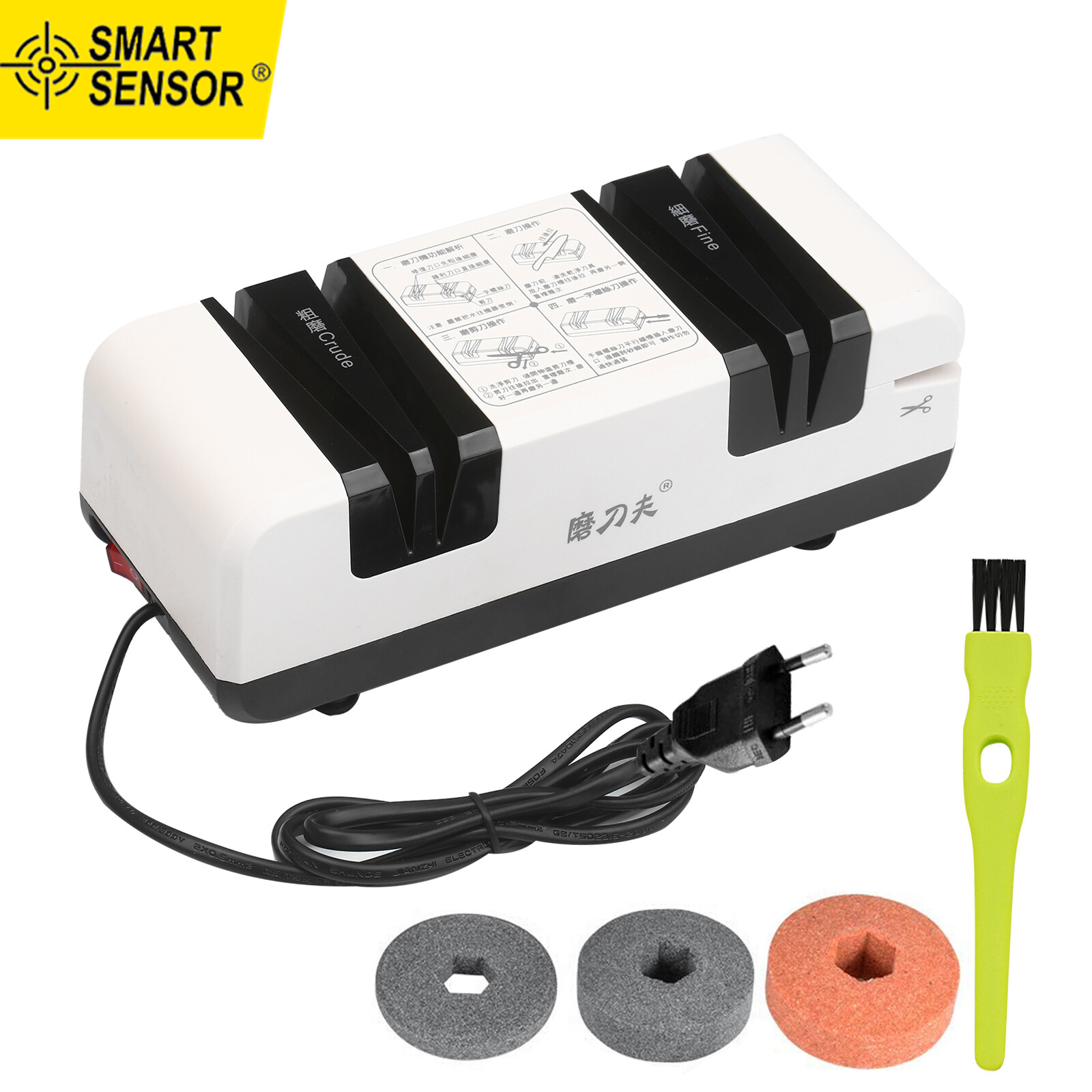 Smart Sensor Professional Electric Sharpener Multifunctional Automatic Cut Sharpeners with 15-Degree Bevel Crude and Fine Grooves for Straight Serrated Knives Scissors Kitchen Cutter Grinder With 3 Replaceable Sanding Wheel and Clean Brush