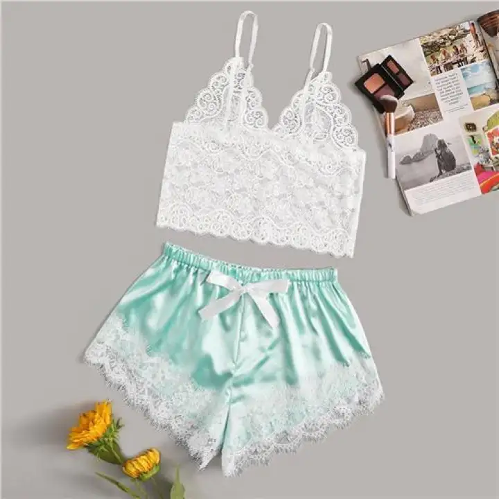 floral lace cami top with satin shorts