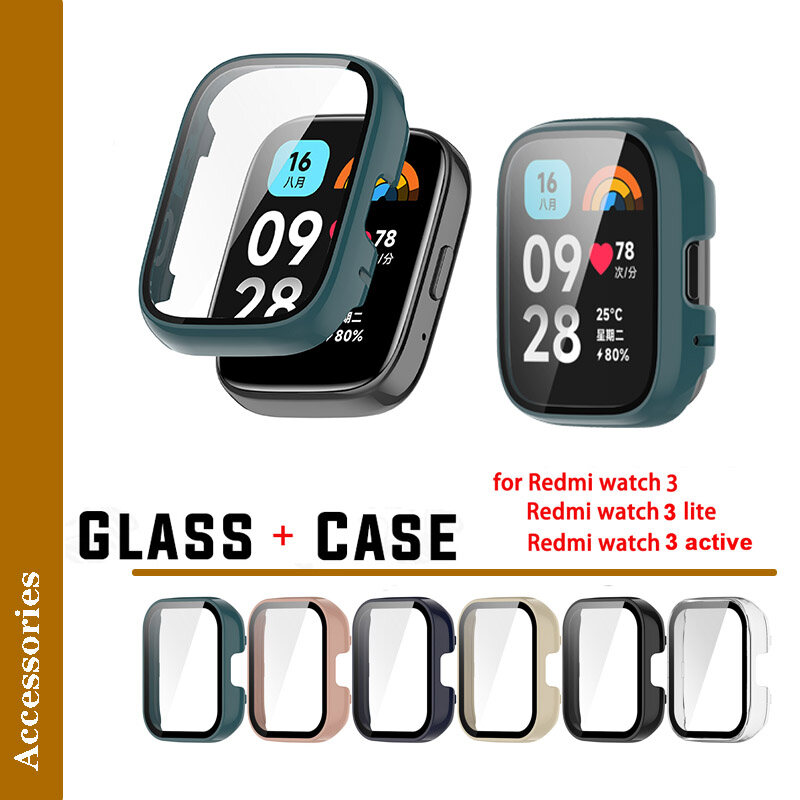 For Redmi Watch 3 Active / Watch3 Lite Hard PC Case Tempered Glass Screen Protector Protective Cover