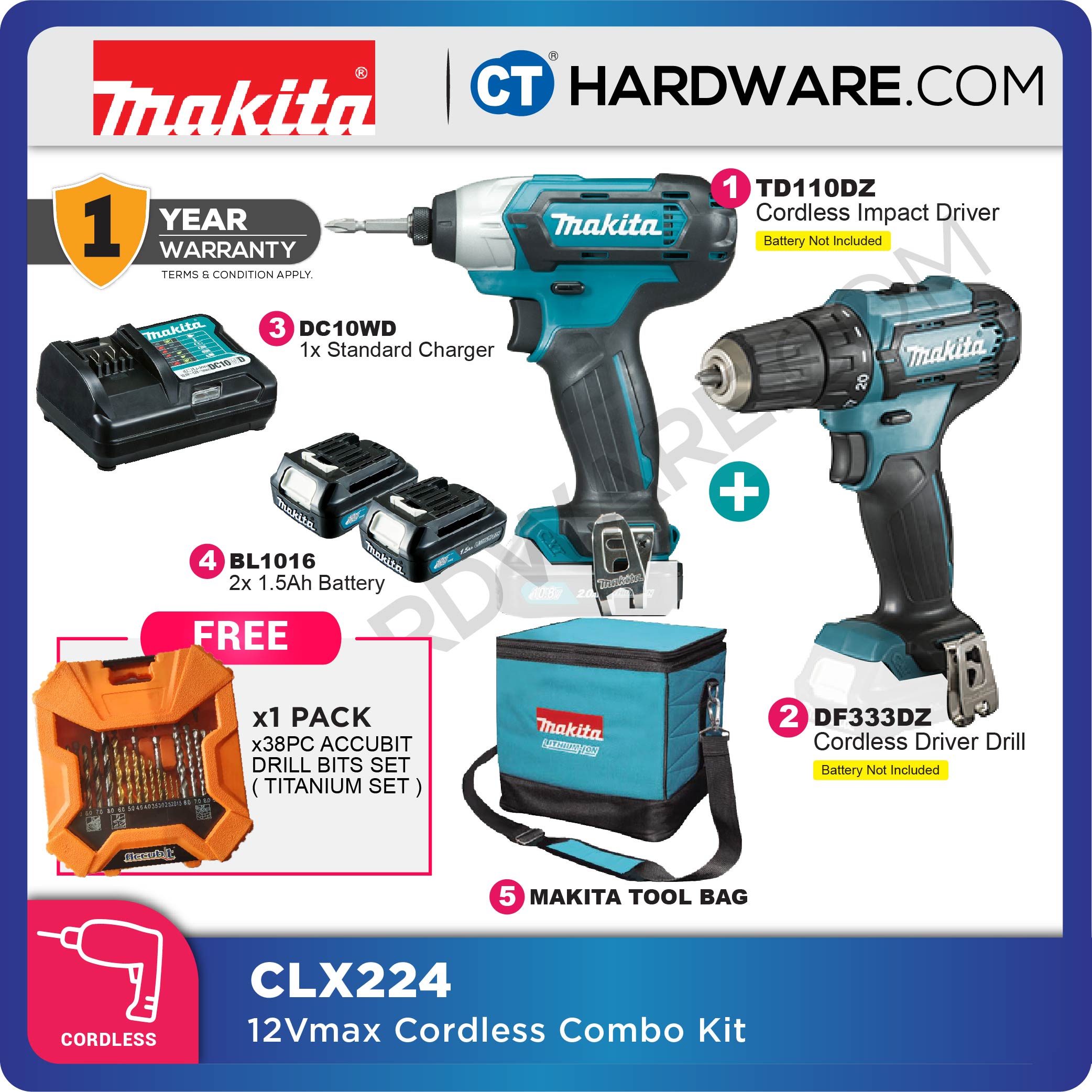 Makita CLX224 12V Max 1.5Ah Li-ion CXT 