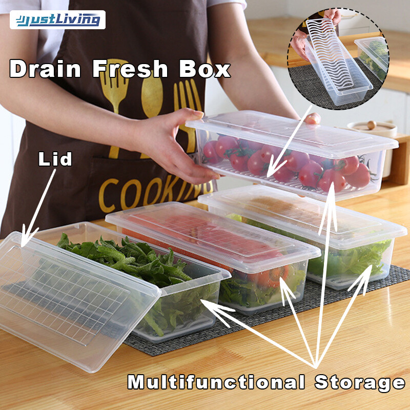 JustLiving Kitchen Rectangular Refrigerator Drainage Storage Box Plastic Fruit Box Food Sealed Frozen Storage