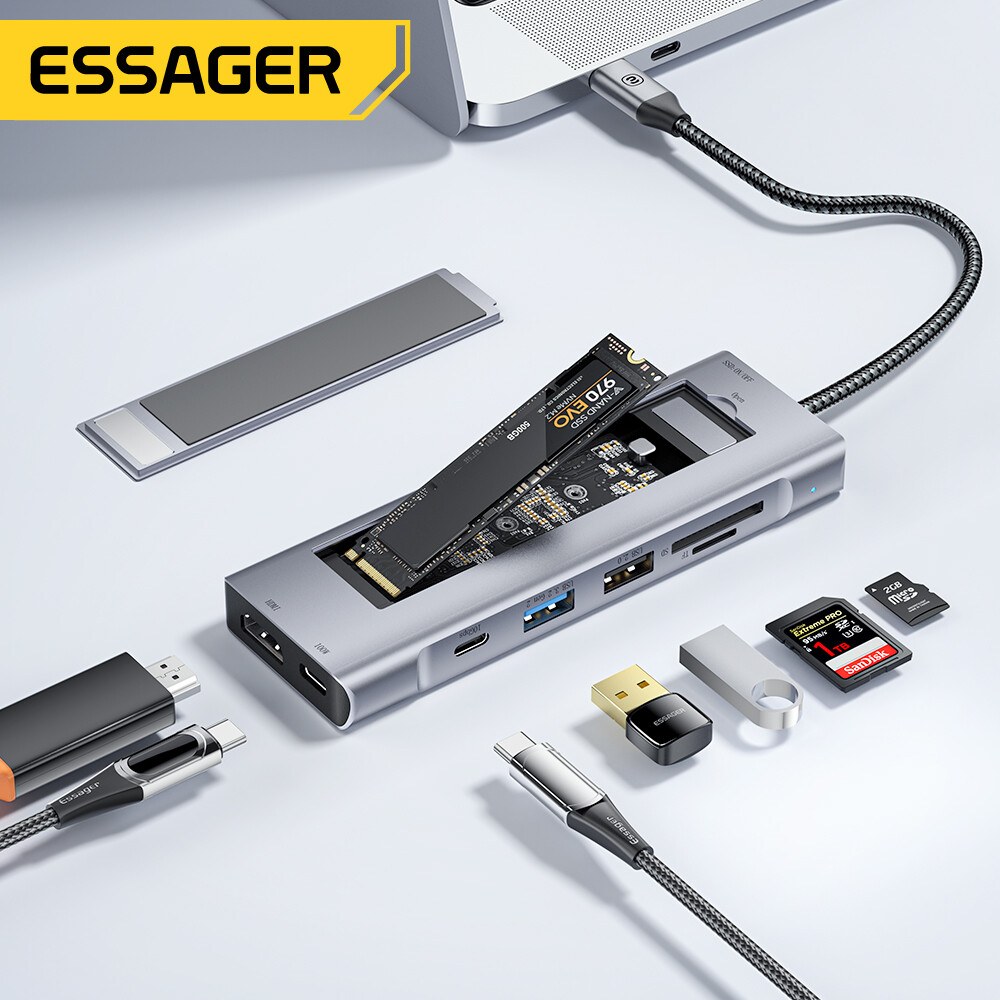 Essager Bộ chia USB Type-C Với Đĩa Chức Năng Lưu Trữ 8 Trong 1 USB C Để ổ SSD SATA HDD Máy Tính Xách Tay trạm dock PC Đối Với MacBook Pro Không Khí M1 M2