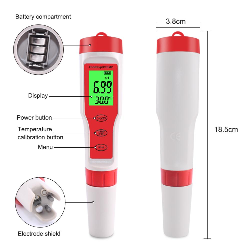 RCYAGO Máy kiểm tra chất lượng nước 4 trong 1 TDS/EC/pH/nhiệt độ-đồng hồ đo kỹ thuật số cho nuôi trồng thủy sản, bể bơi, nước uống